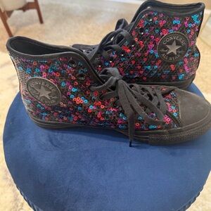 Converse High Top Sequin Sneakers - Black with Pink & Blue Accents